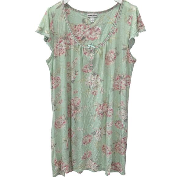 Vintage Miss Elaine Green Pink Floral Short Sleeve Nightgown Size L Midi Cottage - Picture 1 of 5